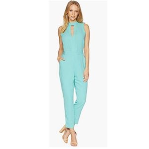 BeBe Keyhole Mock Tapered Leg Jumpsuit Blue Turquoise 10